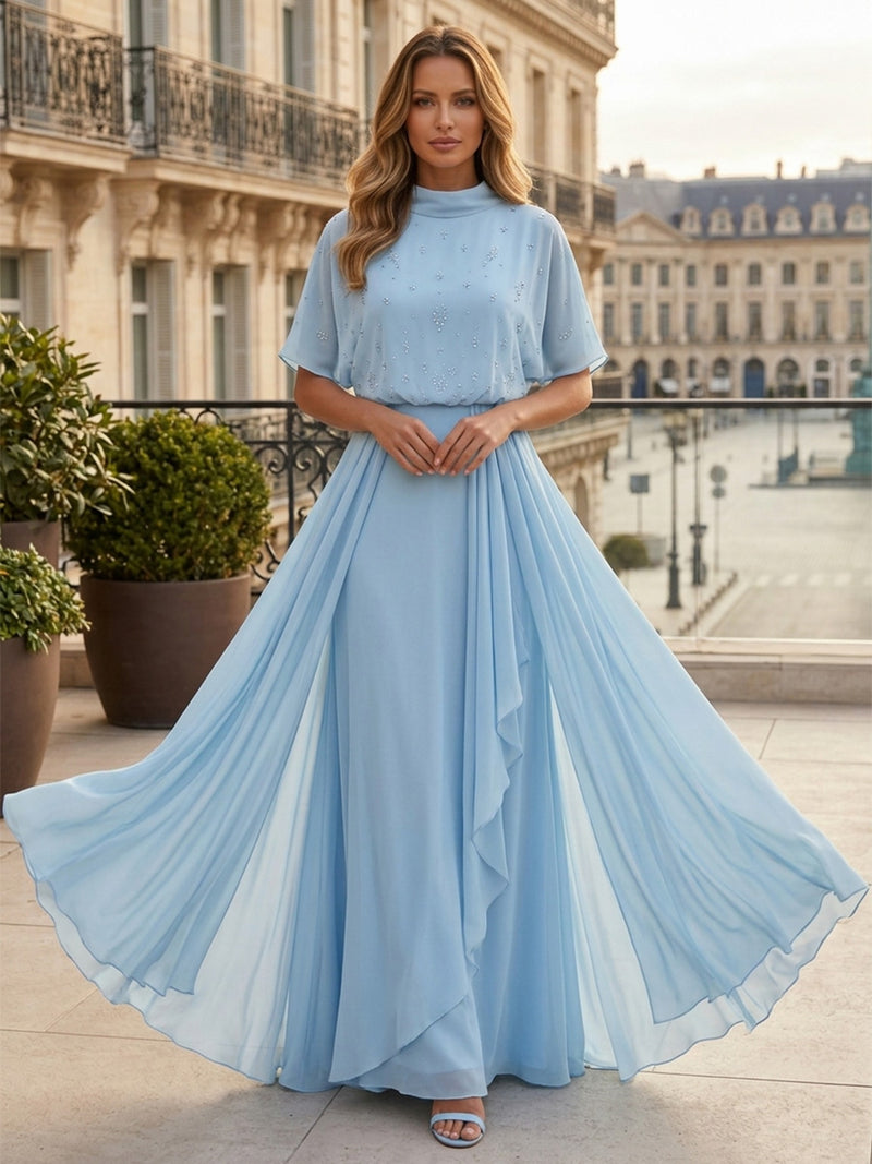 beaded wedding guest dresses Light Blue Formal Evening Party Gowns 2026 for Elegant Women Chiffon Short Sleeve High Neck Ruffle Layered Dress with Oversized Select Jacket Size:EU46/US36/M style_one-shoulder White Backless Lace Dress length evening dress is