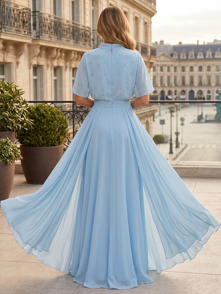 beaded wedding guest dresses Chiffon A-Line High Neck – Gracins Couture dress