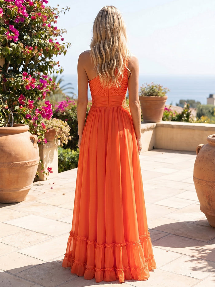 Chiffon A-Line One Shoulder Delicate Pleated Formal Dresses
