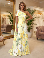 Satin Mermaid One Shoulder Formal Dresses with Floral Print