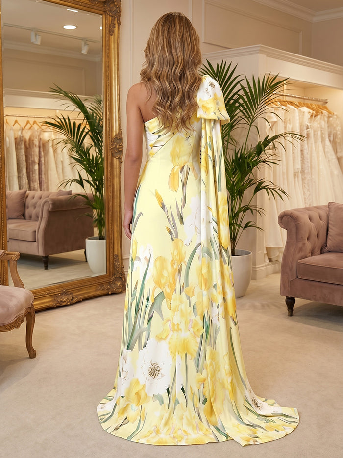 Satin Mermaid One Shoulder Formal Dresses with Floral Print