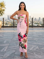Satin Sheath Strapless Formal Dresses with Floral Print