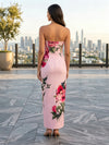 Satin Sheath Strapless Formal Dresses with Floral Print