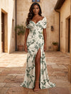 Satin Mermaid Off the Shoulder Formal Dresses with Floral Print