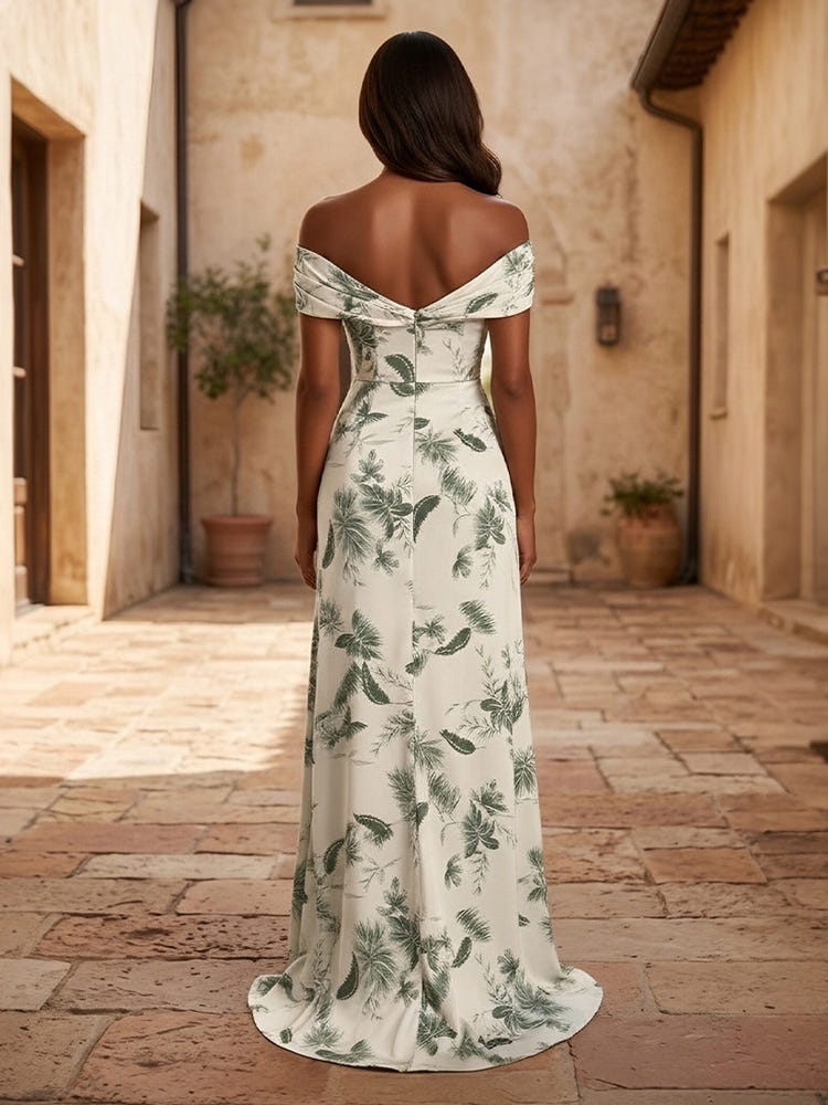 Satin Mermaid Off the Shoulder Formal Dresses with Floral Print