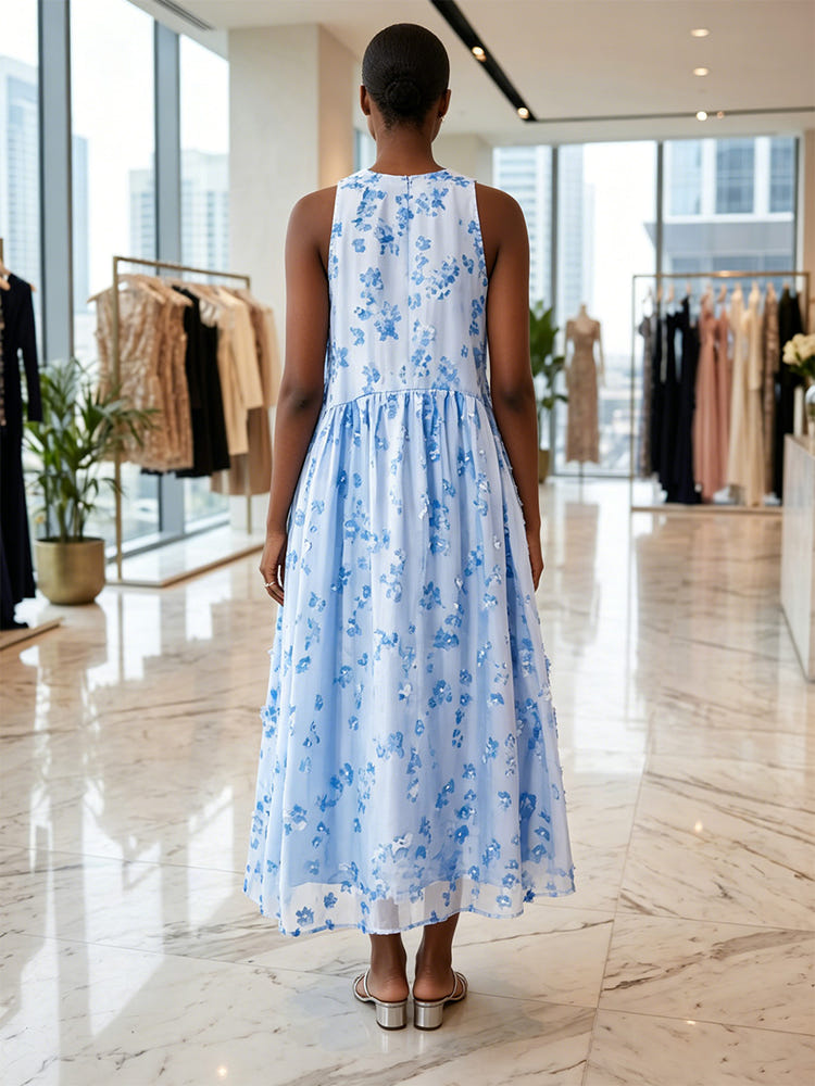 Tulle A-Line Crew Neck Formal Dresses with 3D Flowers