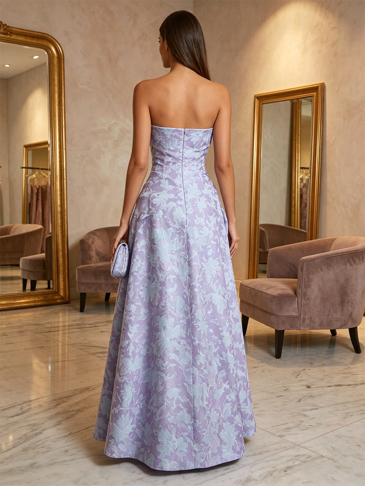 Jacquard A-Line Strapless Formal Dresses with Bow
