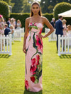 Satin Sheath Strapless Floral Print Formal Dresses