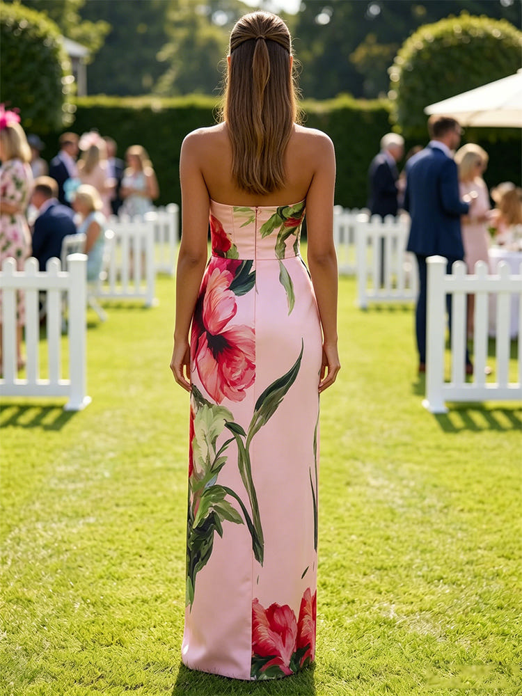 Satin Sheath Strapless Floral Print Formal Dresses