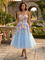 Tulle A-Line Strapless Formal Dresses with 3D Flowers