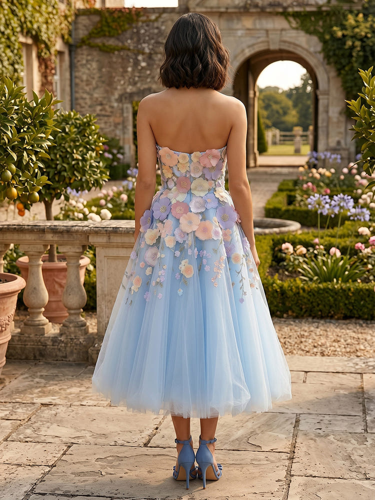 Tulle A-Line Strapless Formal Dresses with 3D Flowers