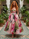 Satin A-Line V Neck Floral Print Formal Dresses