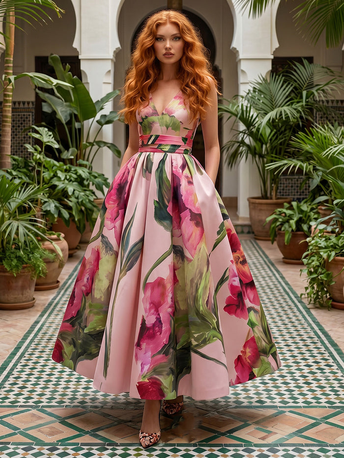 Satin A-Line V Neck Floral Print Formal Dresses