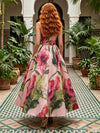 Satin A-Line V Neck Floral Print Formal Dresses