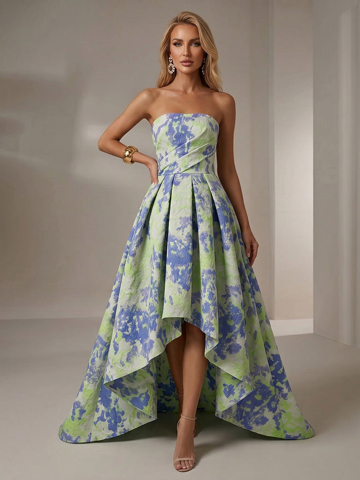 Jacquard A-Line Strapless Pleated Formal Dresses