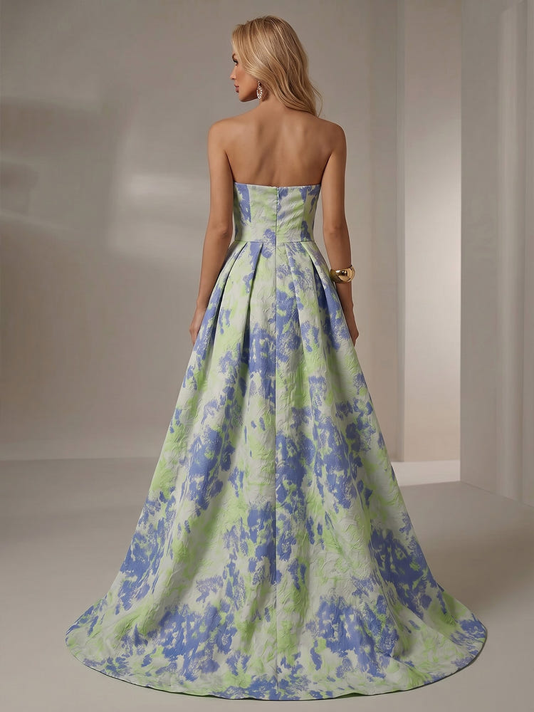 Jacquard A-Line Strapless Pleated Formal Dresses