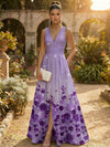 Satin A-Line V Neck Floral Print Formal Dresses