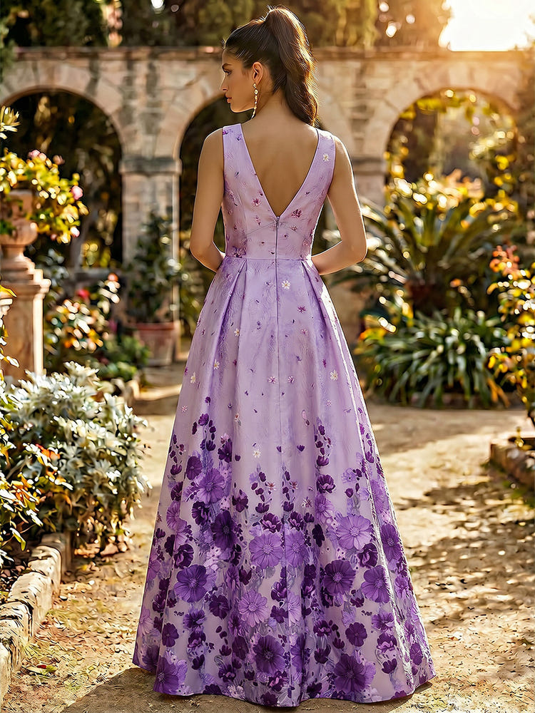 Satin A-Line V Neck Floral Print Formal Dresses