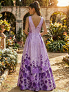 Satin A-Line V Neck Floral Print Formal Dresses