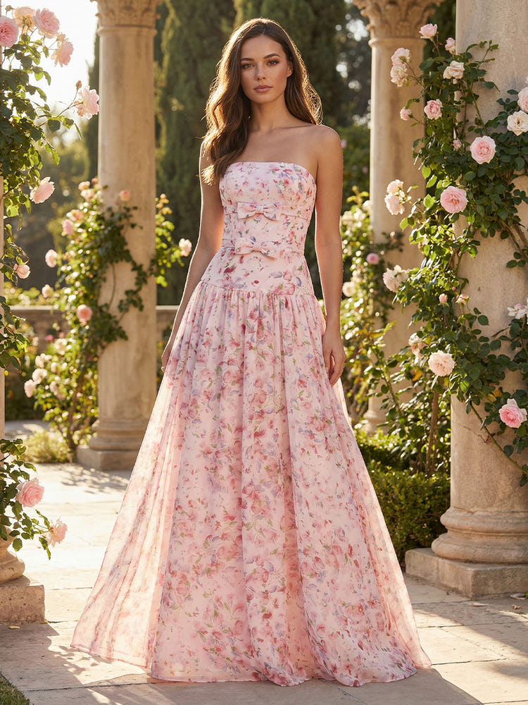 Chiffon A-Line Strapless Floral Print Formal Dresses