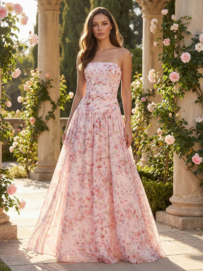 Chiffon A-Line Strapless Floral Print Formal Dresses