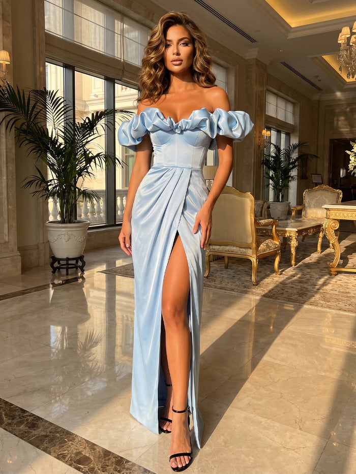 Satin Mermaid Off the Shoulder Pleated Formal Dresses