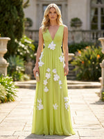 Chiffon A-Line V Neck Formal Dresses with 3D Flowers