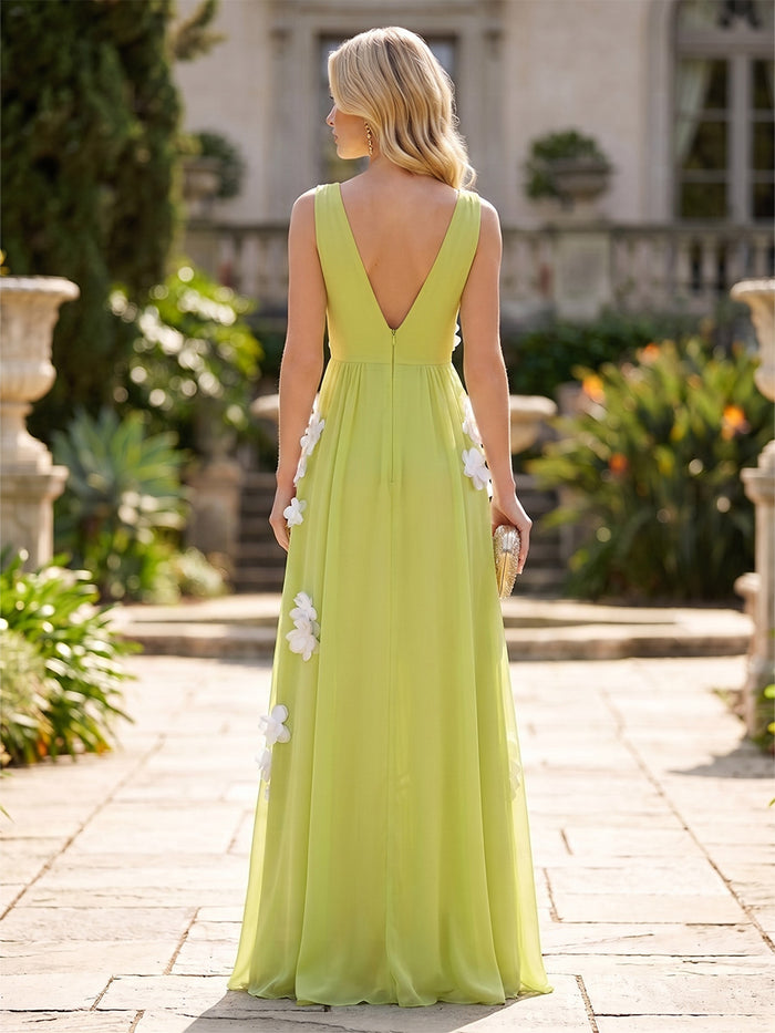 Chiffon A-Line V Neck Formal Dresses with 3D Flowers