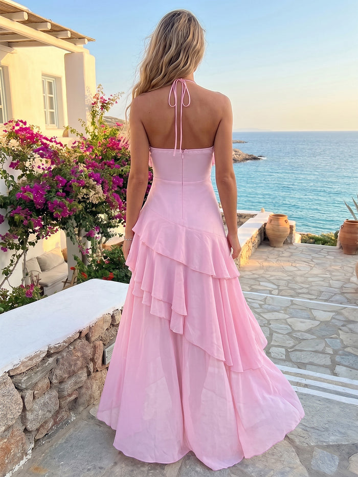 Chiffon A-Line Halter Formal Dresses with 3D Flowers