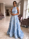 Satin A-Line Halter Formal Dresses with 3D Flowers