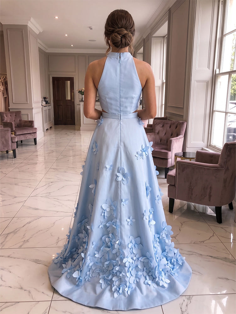 Satin A-Line Halter Formal Dresses with 3D Flowers