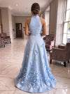 Satin A-Line Halter Formal Dresses with 3D Flowers