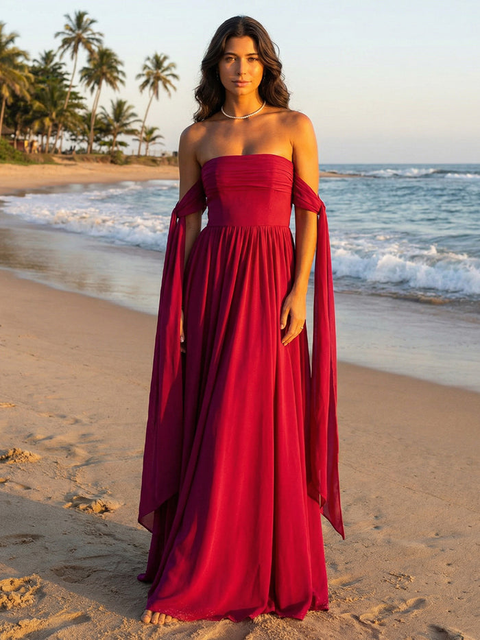 Chiffon A-Line Strapless Delicate Pleated Formal Dresses