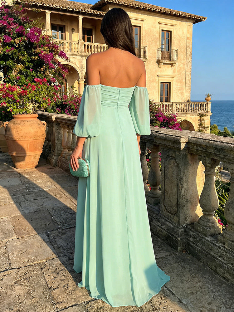 Chiffon A-Line Off Shoulder Pleated Formal Dresses