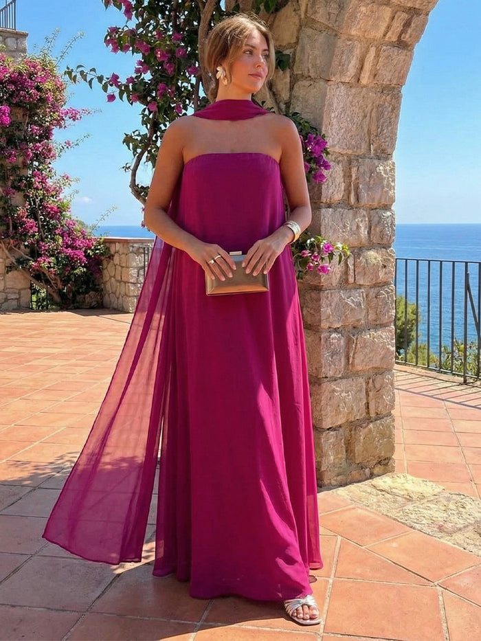 Chiffon A-Line Strapless Formal Dresses with Scarf