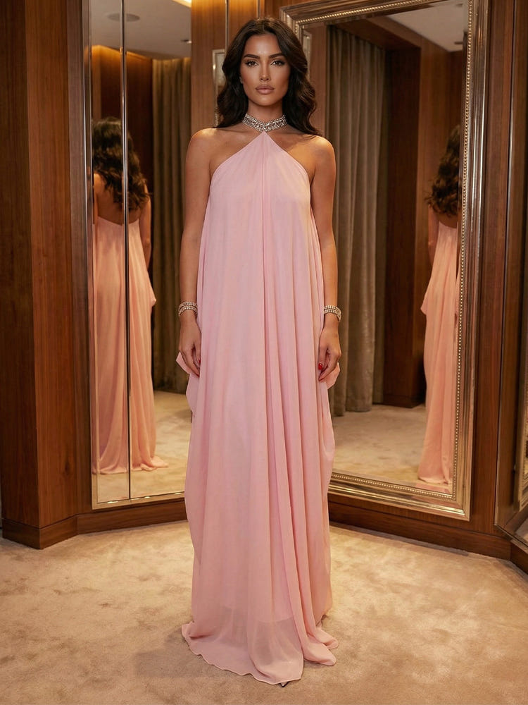 Chiffon A-Line Halter Formal Dresses with Rhinestone
