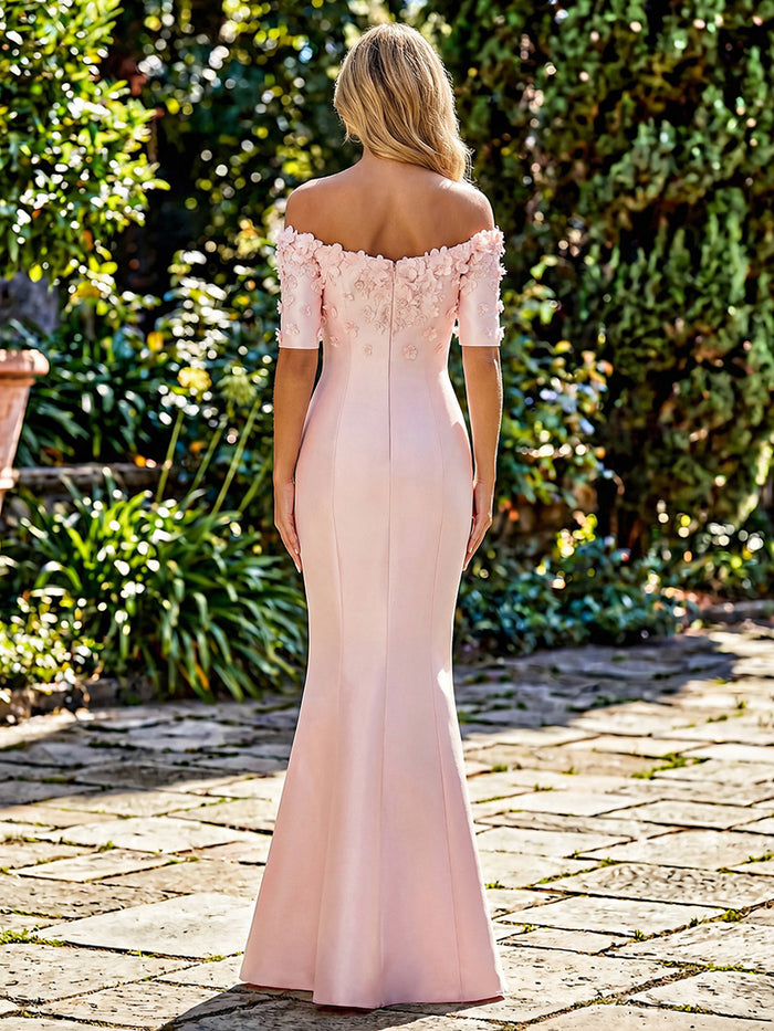 Mermaid Satin Off the Shoulder Formal Dresses with 3D Flowers & Short Sleeves