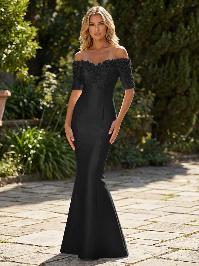 Mermaid Satin Off the Shoulder Formal Dresses with 3D Flowers & Short Sleeves