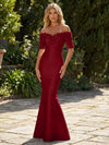 Mermaid Satin Off the Shoulder Formal Dresses with 3D Flowers & Short Sleeves