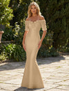 Mermaid Satin Off the Shoulder Formal Dresses with 3D Flowers & Short Sleeves