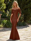 Mermaid Satin Off the Shoulder Formal Dresses with 3D Flowers & Short Sleeves