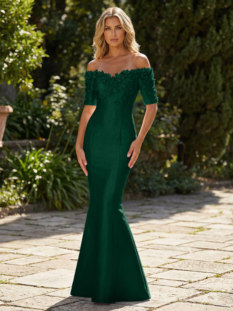 Mermaid Satin Off the Shoulder Formal Dresses with 3D Flowers & Short Sleeves
