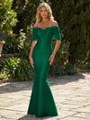 Mermaid Satin Off the Shoulder Formal Dresses with 3D Flowers & Short Sleeves