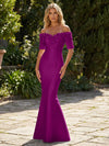 Mermaid Satin Off the Shoulder Formal Dresses with 3D Flowers & Short Sleeves