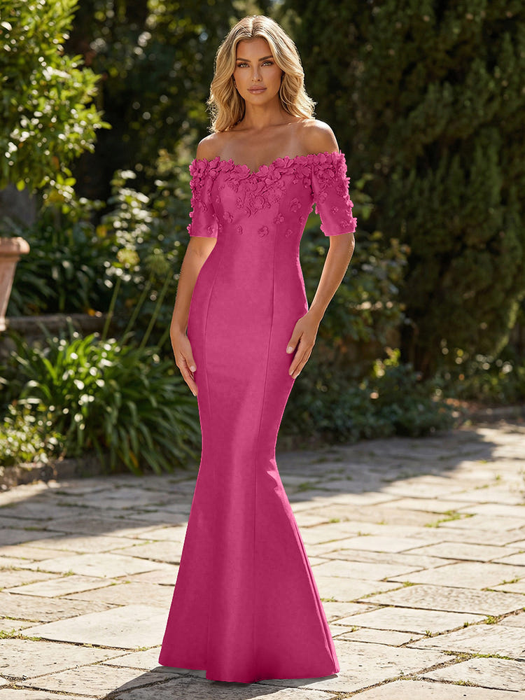 Mermaid Satin Off the Shoulder Formal Dresses with 3D Flowers & Short Sleeves