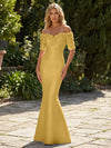 Mermaid Satin Off the Shoulder Formal Dresses with 3D Flowers & Short Sleeves