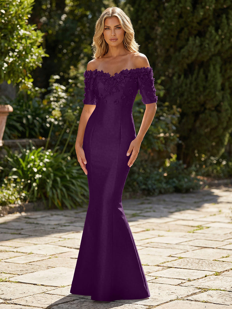 Mermaid Satin Off the Shoulder Formal Dresses with 3D Flowers & Short Sleeves