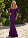 Mermaid Satin Off the Shoulder Formal Dresses with 3D Flowers & Short Sleeves