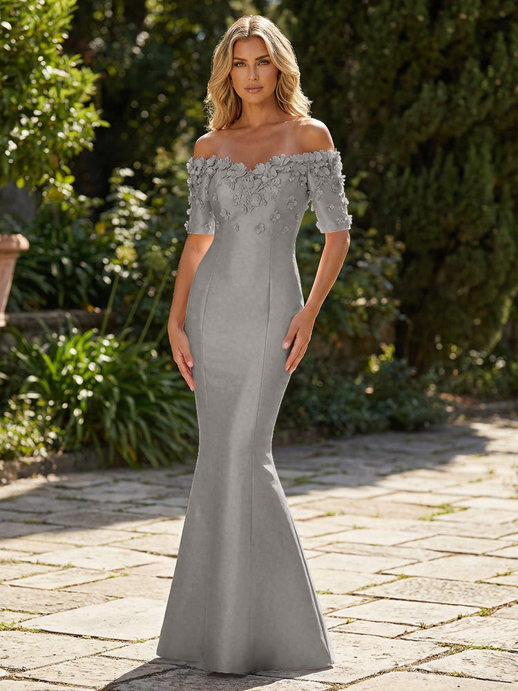 Mermaid Satin Off the Shoulder Formal Dresses with 3D Flowers & Short Sleeves
