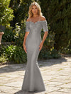 Mermaid Satin Off the Shoulder Formal Dresses with 3D Flowers & Short Sleeves